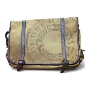 Burberry Logo Messenger Bag Olive Nylon Black Leather Trim Crossbody 17x14